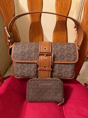 Michael Kors Brown Monogram Crossbody with Tan Trim and Gold Hardware